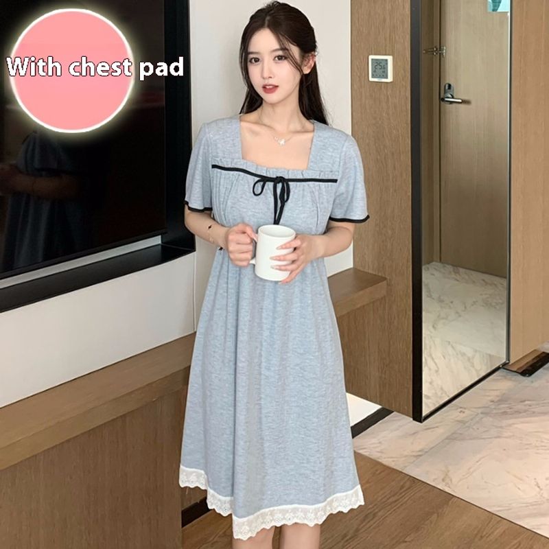 6535 cotton sleepwear girls in summer,  sweet princess style with chest cushion, short sleeved, medium to long length_voghion.com