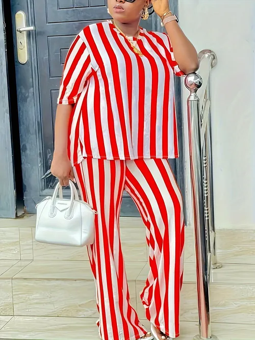 Ropa de mujer nuevo conjunto de dos piezas de talla grande con rayas verticales_voghion.com