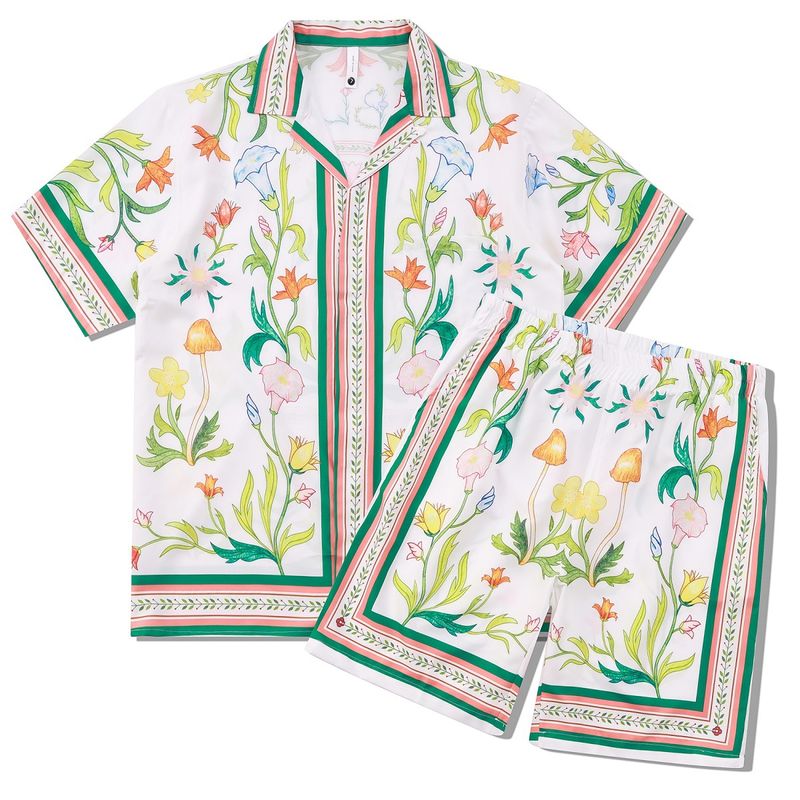 Men's clothing high street floral shirt suit Retro light luxury pattern shirt collar short-sleeved shorts matching men_voghion.com