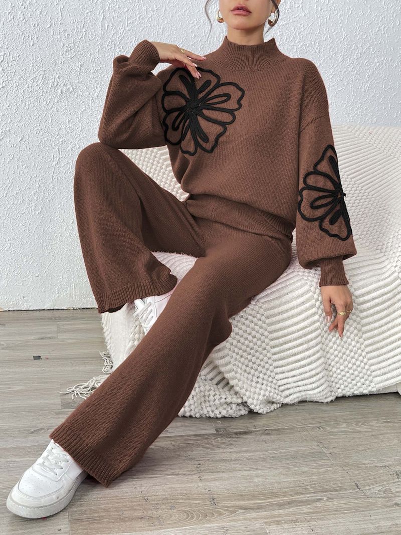 Elegant Women's Autumn Winter Outfit - Embroidered Ribbon Lantern Sleeve Sweater With Wide Leg Pants Set_voghion.com