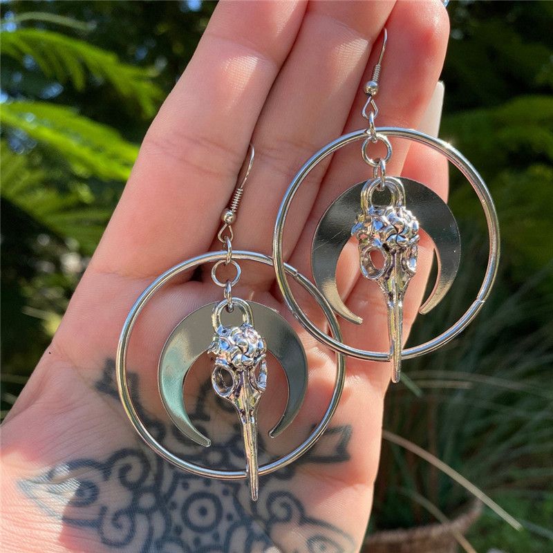 Earrings Gothic Moon with Crow Skull Earrings_voghion.com