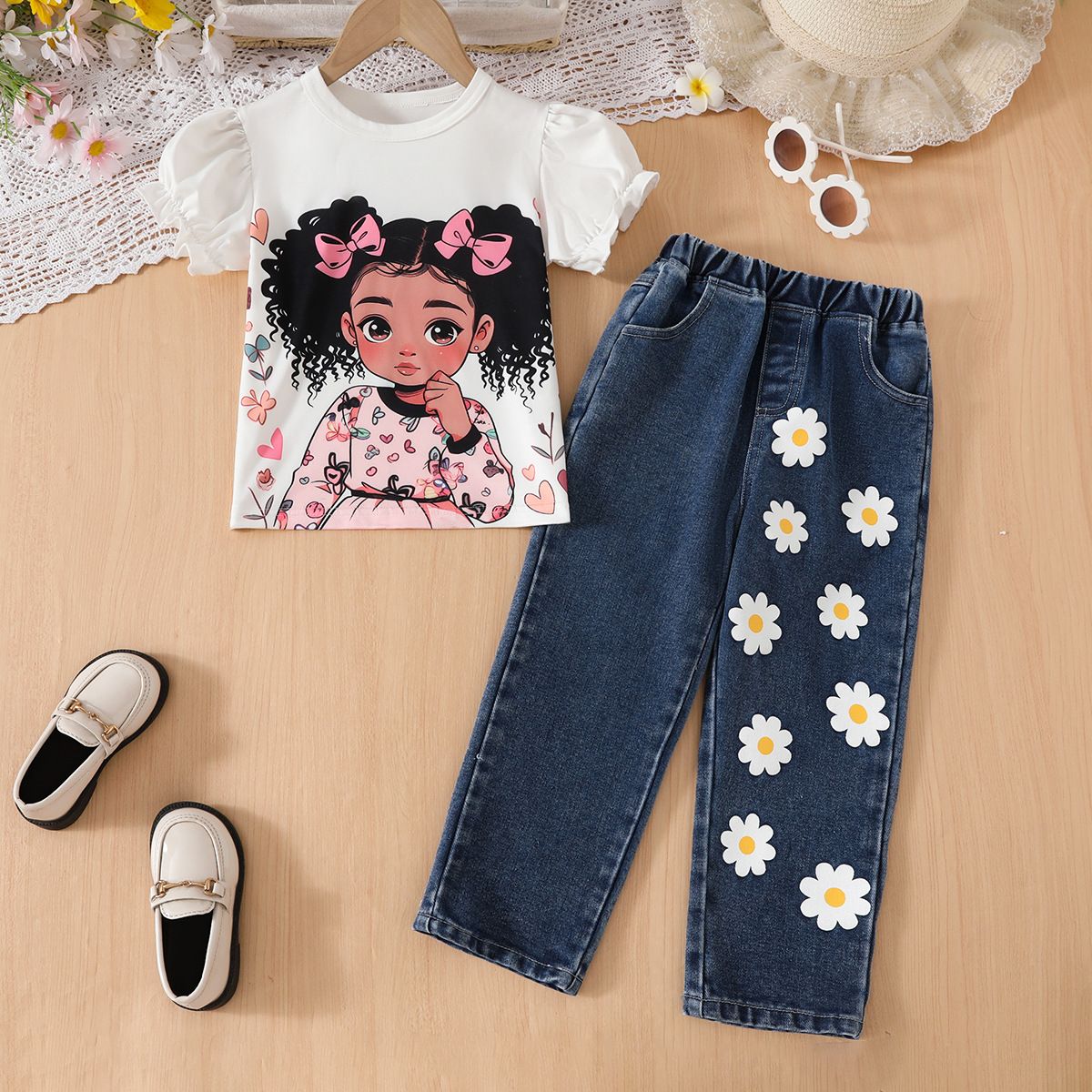 Kids’ Clothing New Summer Girls Jeans Loose Casual Print Girls Trousers Cartoon Short Sleeved T Shirt Spring And Autumn_voghion.com