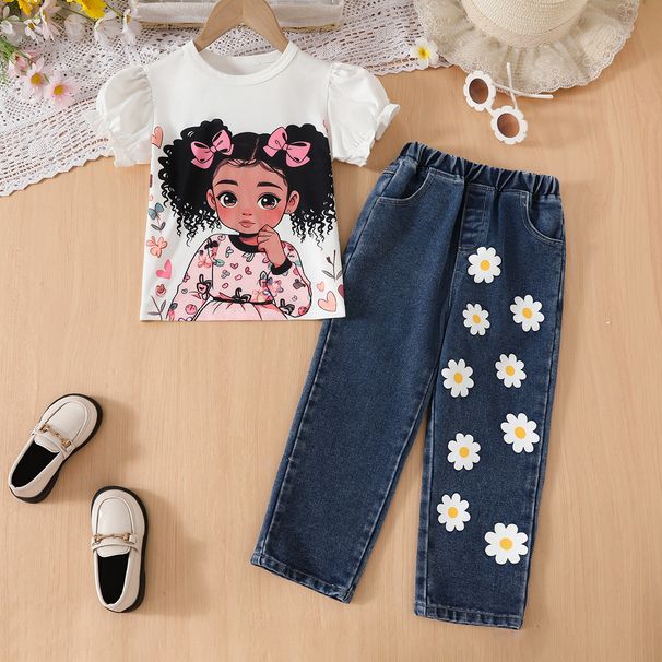 Kids’ Clothing New Summer Girls Jeans Loose Casual Print Girls Trousers Cartoon Short Sleeved T Shirt Spring And Autumn_voghion.com