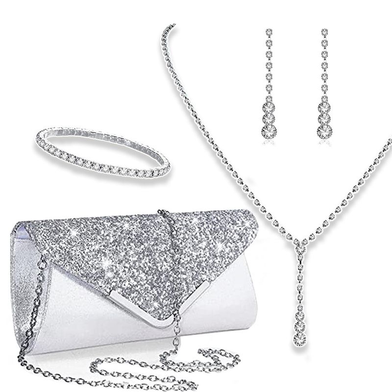 Ensemble de bijoux de mariée en quatre pièces, sac de soirée élégant et simple avec pompon en strass, collier entièrement en diamant, boucles d'oreilles et bracelet_voghion.com