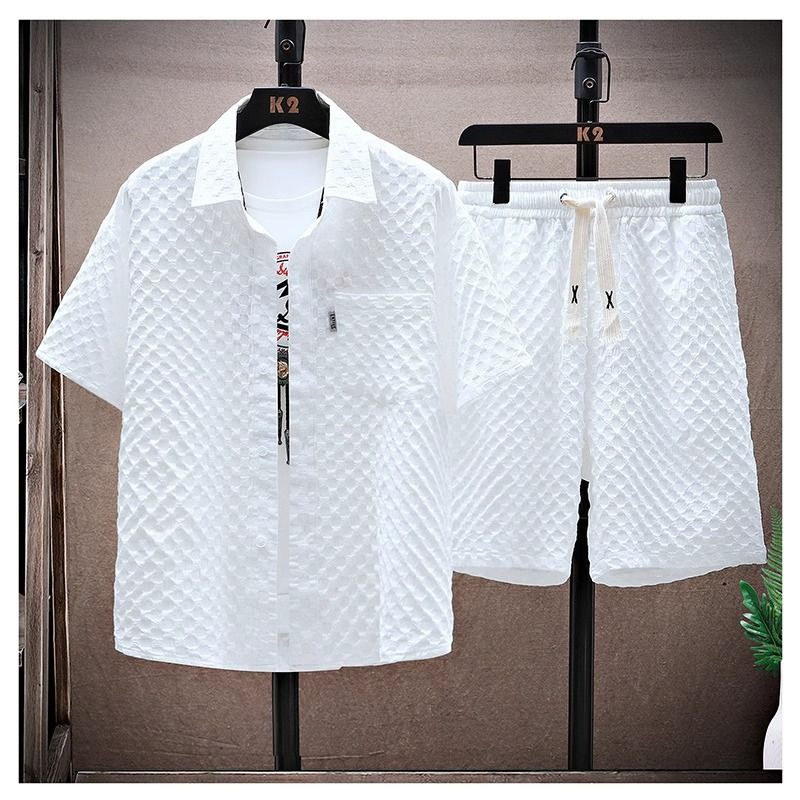 Men's Clothing Thin Sports Casual Two Piece Suit Summer Ice Silk Suit Men's Handsome Trendy Short Sleeved Shirt Shorts Set_voghion.com