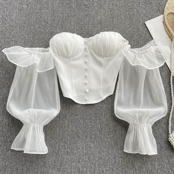 Damer sommar pendling temperament pendling puffärm chiffong andra källor midja vit enfärgad toppskjorta med en axel_voghion.com