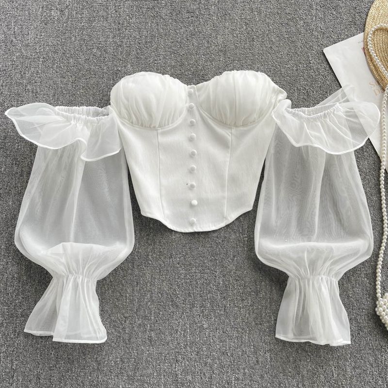 Women's Summer commuting temperament commuting puff sleeve chiffon other sources waist white solid color one shoulder top shirt_voghion.com