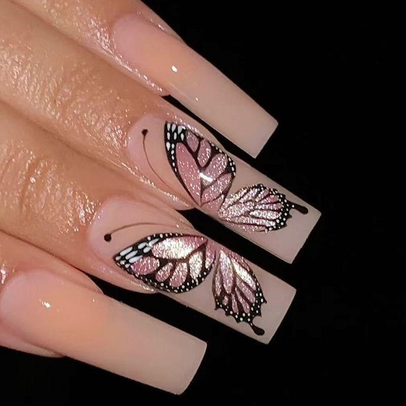 Franse grijze gradiënt valse nagels lange ballet nepnagels met vlinderstrass draagbare doodskistpers op nai_voghion.com