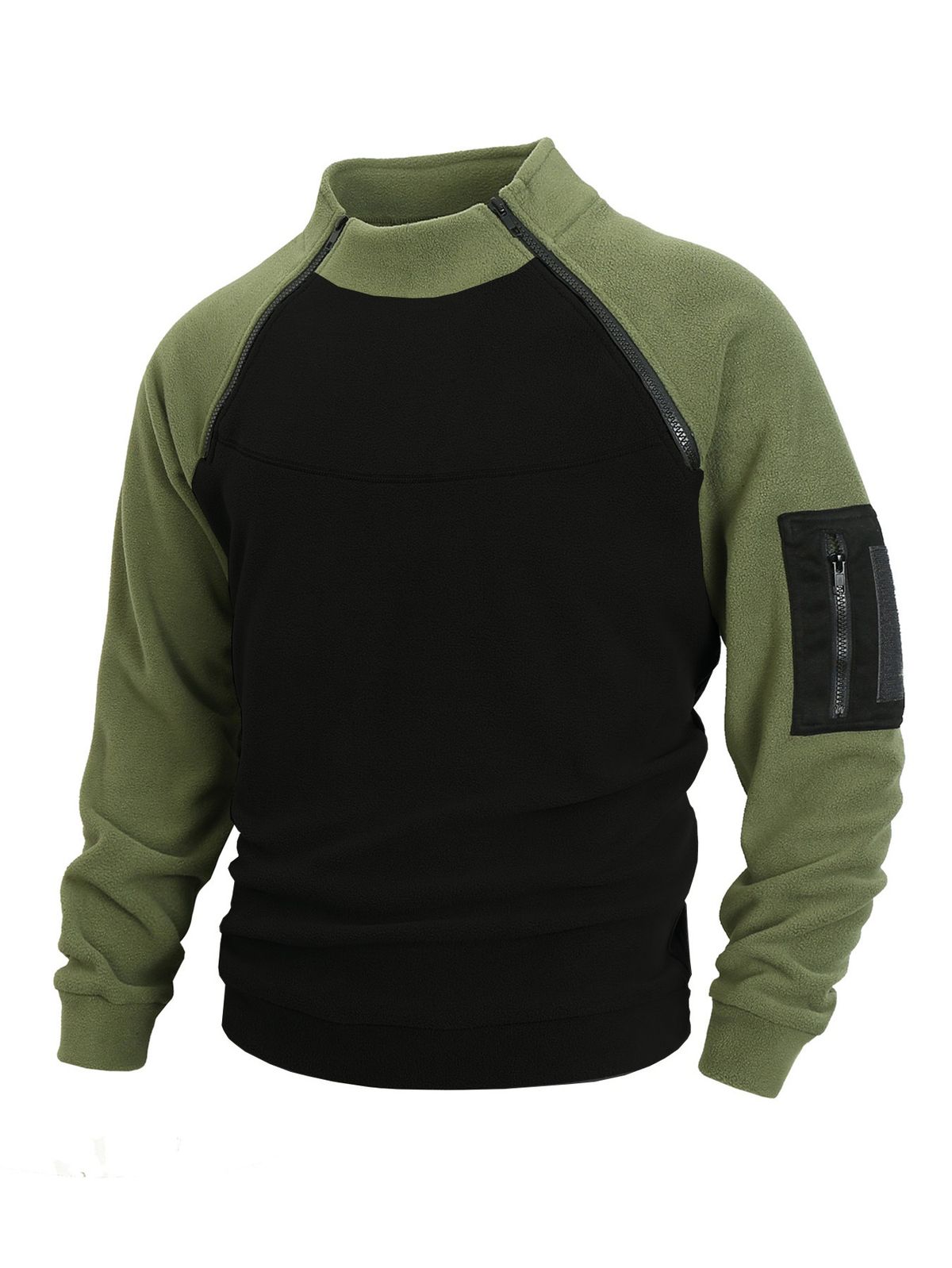 Fleece pullover met Europese pasvorm – getextureerde mouwdetails en thermisch geborstelde voering (legergroen, crème, marineblauw)_voghion.com