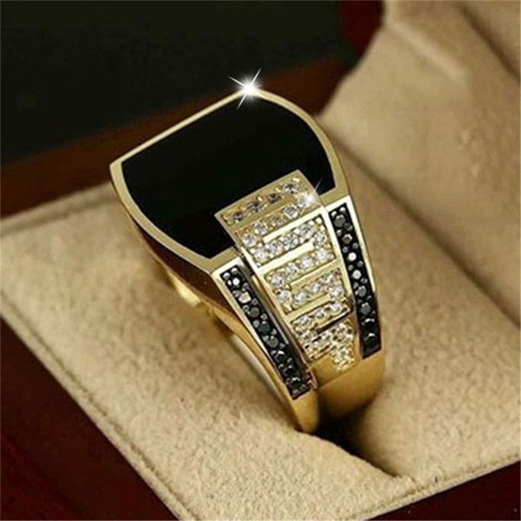 Longrui Hot-selling Jewelry New Gold Wide-faced Black Diamond Men's Ring Fashion Hip-hop Full Diamond Ring_voghion.com