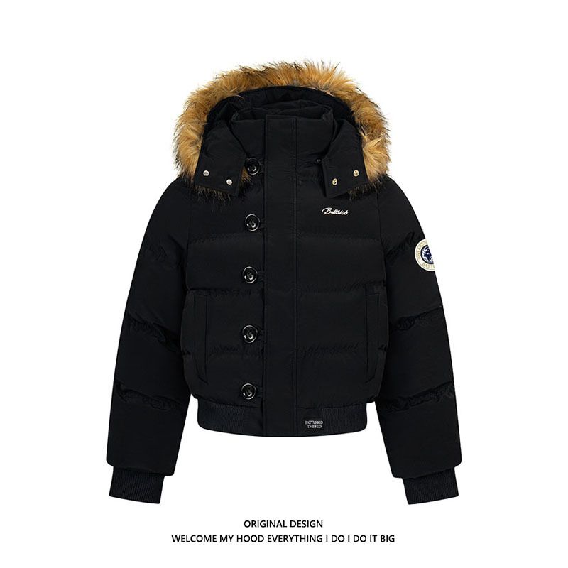 Abbigliamento maschile High Street American Style Button Design Corto Collo di pelliccia Cappuccio Giacca di cotone Uomo Inverno Retro Spesso Versatile Cappotto di cotone_voghion.com
