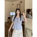 Blaues Chiffon-Kurzarmhemd für Damen, Sommer-Slim-Fit-Lockeres, stilvolles Rüschenoberteil_voghion.com