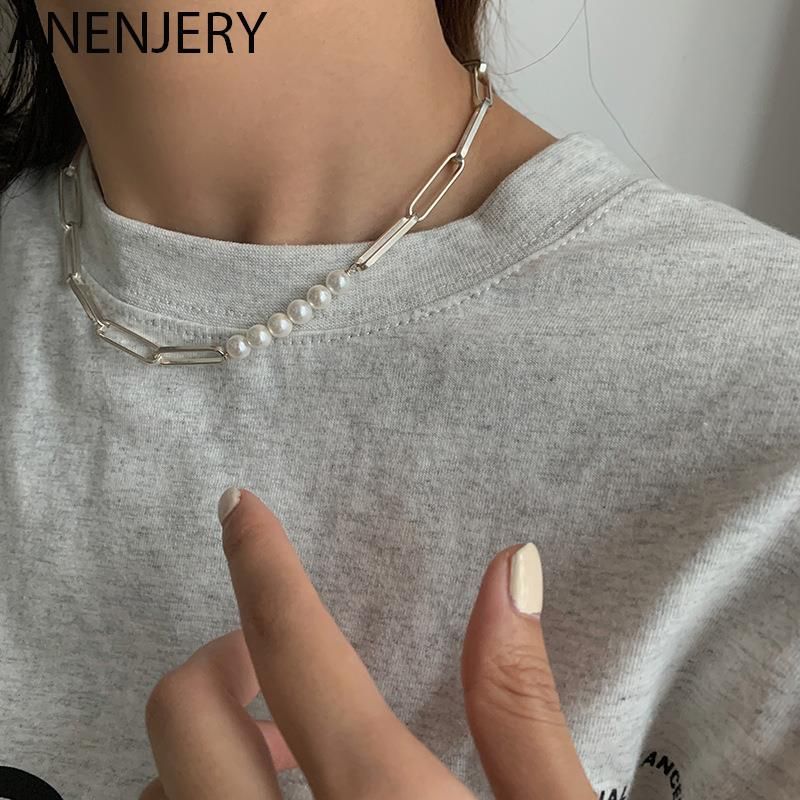 Färdigt lager ANENJERY Sier Color Stack Pearl för kvinnor Festsmycken Halsband Presenter Nytt Mode Partihandel_voghion.com