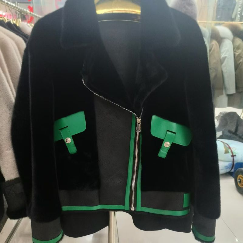 Abbigliamento da donna Nuovo completo da motociclista in pelliccia nera di visone alla moda, cappotto di pelliccia largo temperamento femminile, abbigliamento esterno con giunture_voghion.com