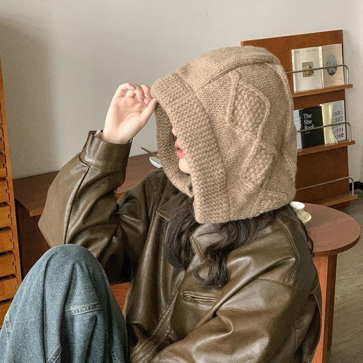 Korean winter new big version balaclava children's warm coarse linen pattern horn button ear muff head cap_voghion.com
