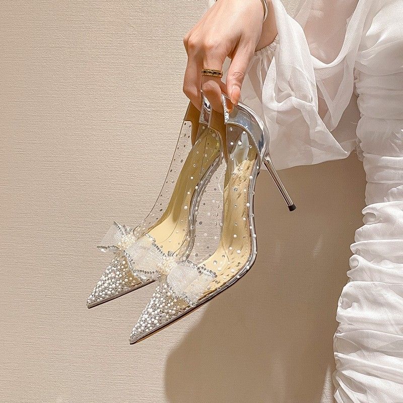 p7 with transparent bow 2023 summer women's shoes live broadcast on behalf of European and American slope heels stiletto_voghion.com
