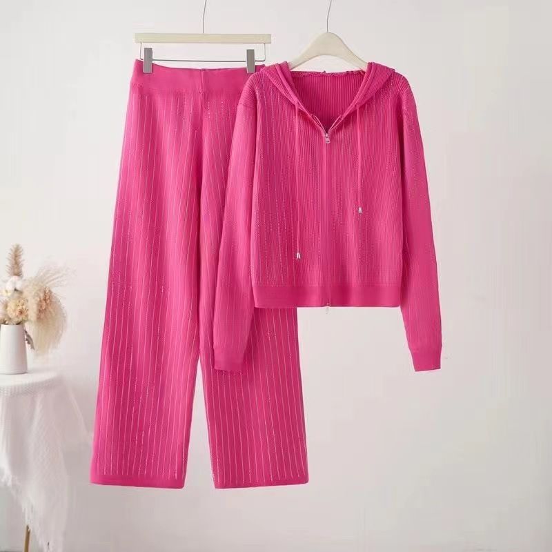 Damenbekleidung Hose mit weitem Bein und Kapuze, Strickjacke, zweiteiliger Anzug, weibliche Herbstmode, lockerer, lässiger Hot-Diamond-Anzug_voghion.com