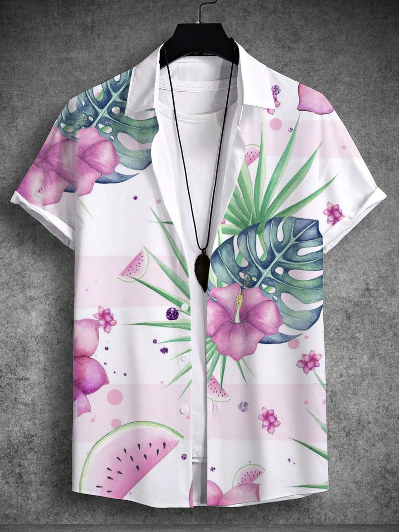 Maglietta a maniche corte con stampa tropicale hawaiana da uomo, modello 2024, in tessuto elasticizzato a 4 vie, con pianta di cocco e spiaggia._voghion.com