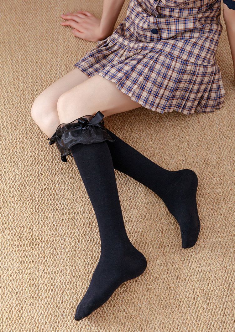 Gekämmte JK-Langröhre für Frühling und Herbst mit Spitzenbesatz und Fliege, Lolitasocken bis zur Wade und Kniehöhe, Baumwollsocken_voghion.com