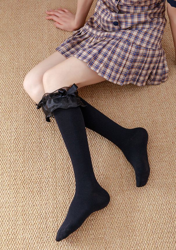 Gekämmte JK-Langröhre für Frühling und Herbst mit Spitzenbesatz und Fliege, Lolitasocken bis zur Wade und Kniehöhe, Baumwollsocken_voghion.com