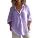 Camicia casual da donna in lino con scollo a V, manica lunga, ampia, traspirante e comoda, per la primavera e l'estate, elegante top tunica in tinta unita._voghion.com
