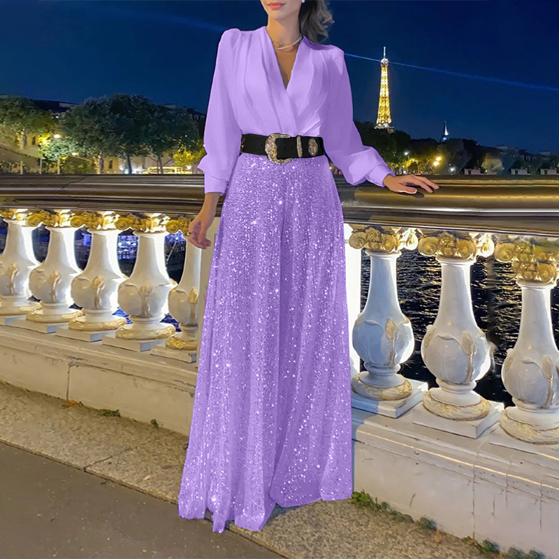 Camicia a maniche lunghe con scollo a V alla moda da donna, pantaloni a gamba larga con paillettes dimagranti in vita elegante_voghion.com