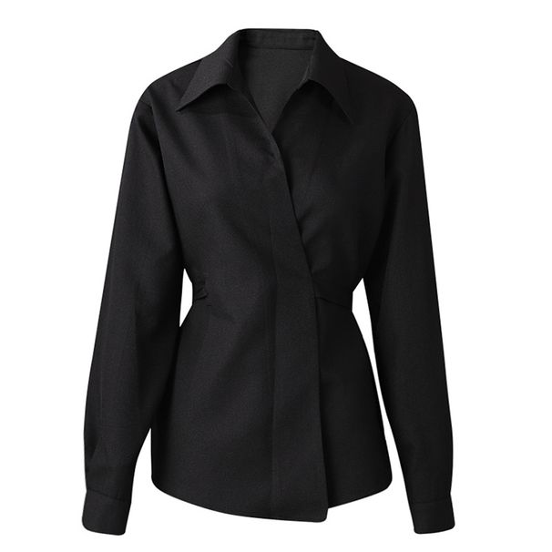 Blusa avvolgente di ispirazione francese – Camicia a maniche lunghe con scollo a V e cintura (S-L, misto poliestere-cotone antipiega)_voghion.com