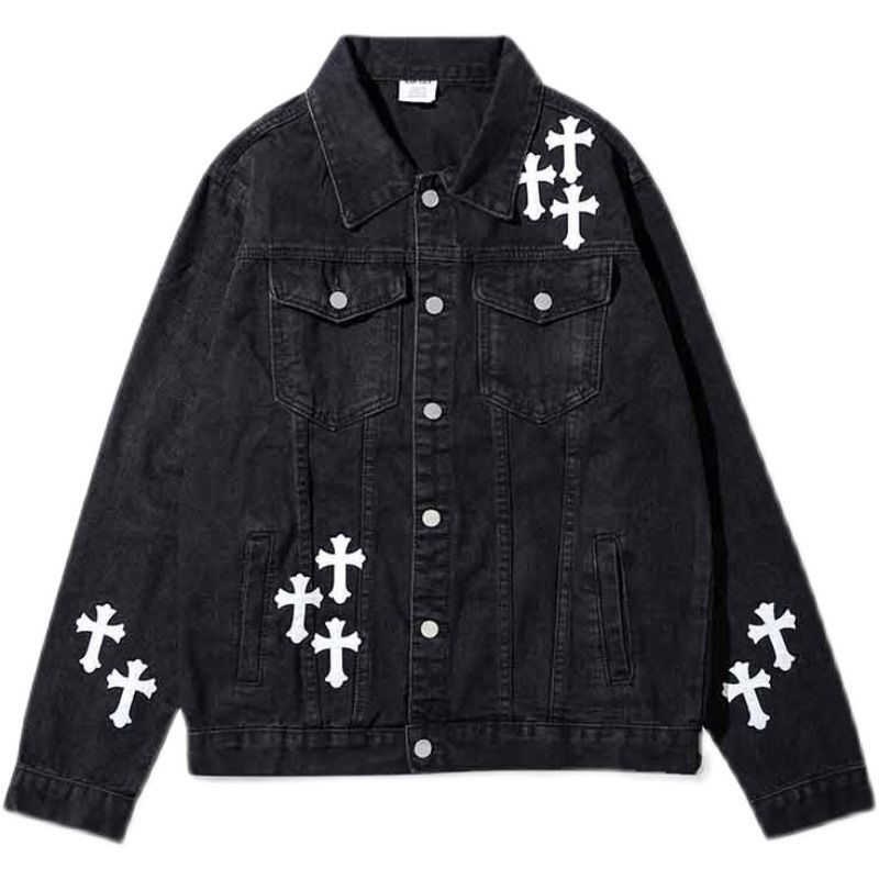 Giacca da coppia invecchiata da donna in denim sciolto con toppe incrociate dal design di nicchia_voghion.com