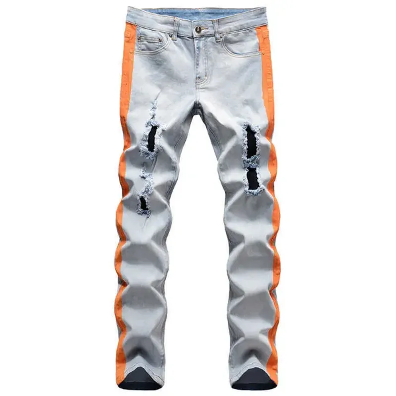 Pantaloni da uomo in denim elasticizzato jeans strappati linee a righe stampati con fori pantaloni dritti slim invecchiati T221102_voghion.com