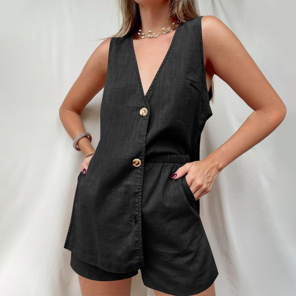 Kadınların yeni keten kolsuz şort iki parçalı set şık ve rahat bayan takım elbise_voghion.com