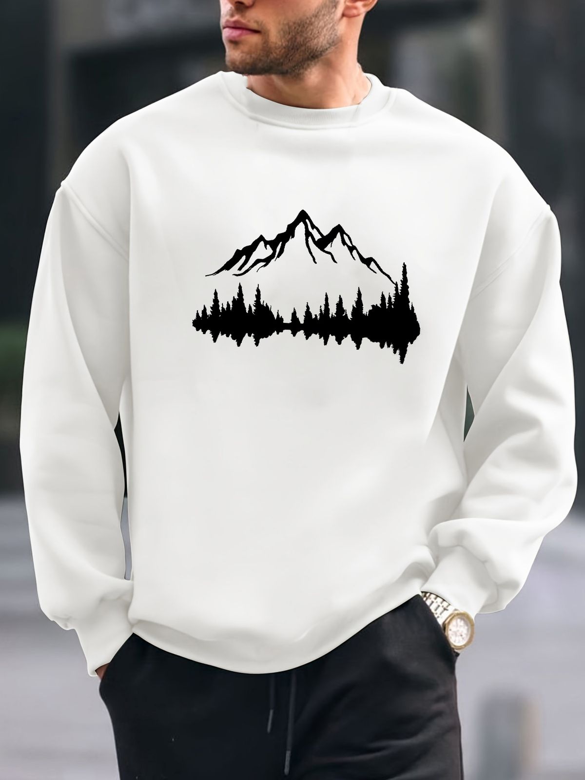Men's Autumn And Winter Fashionable Casual Loose Mountain Graphic Printed Long Sleeved Round Neck Sweatshirt_voghion.com