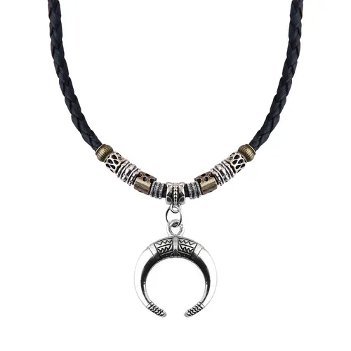 Damenschmuck Halskette im Retro-Ethno-Stil, Halbmondanhänger aus Legierung, Perlen, geflochtenes Seil, Pulloverkette, verstellbare Halskette_voghion.com