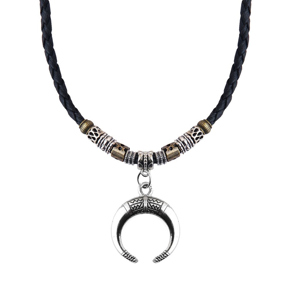 Collana da donna in stile etnico retrò con ciondolo a mezzaluna in lega, con perline e corda intrecciata, regolabile_voghion.com