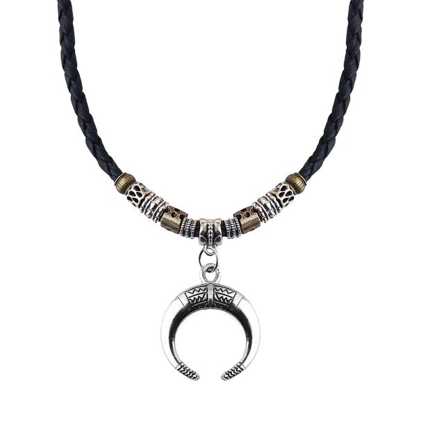 Collana da donna in stile etnico retrò con ciondolo a mezzaluna in lega, con perline e corda intrecciata, regolabile_voghion.com