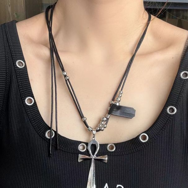 Collana con ciondolo a croce regolabile, stile semplice, versatile, in pelle con perline, stile scuro e chiaro, di lusso._voghion.com