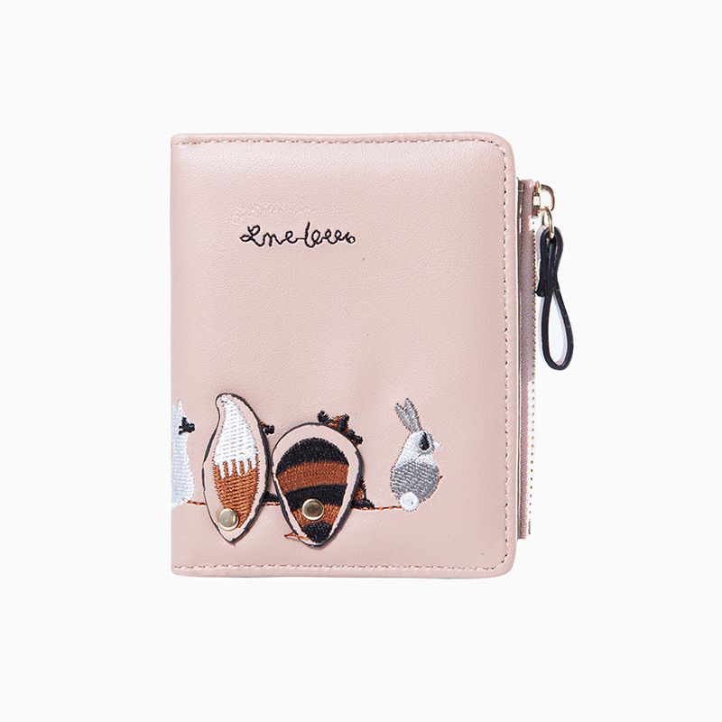 Bestickte kleine Brieftasche süße Studentin kurze Reißverschluss Geldbörse Multi Card Slot Kartenhalter faltbar_voghion.com