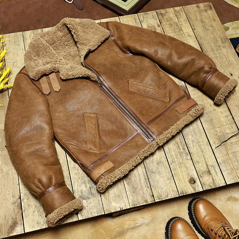 Heren bomberjack van echt schapenvacht – vintage lamsleren jas met wollen voering (46-60, retro kameel)_voghion.com