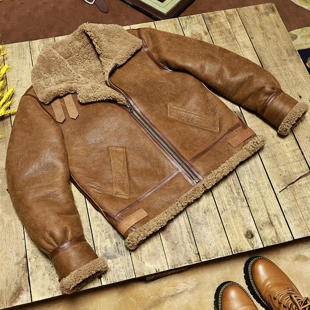 Heren bomberjack van echt schapenvacht – vintage lamsleren jas met wollen voering (46-60, retro kameel)_voghion.com