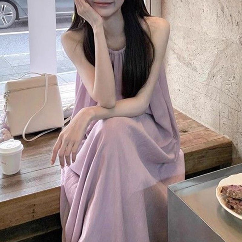 Robe longue violette à dos nu pour femme, idéale pour les vacances d'été, avec jupe trapèze ample et amincissante._voghion.com