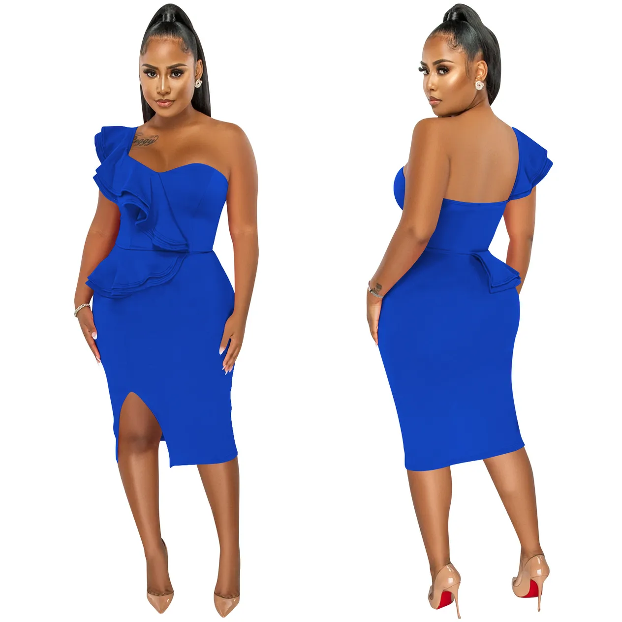 Women's Clothing fashion casual ruffled slit one shoulder sleeve dress women's clothing_voghion.com