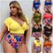 Women's Clothing Large Size Split Bikini Gathered Ruffled Print High Waist Swimsuit For Women_voghion.com