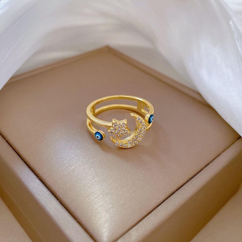 【Placcatura in oro vero】 Anello indice di lusso leggero con micro intarsi alla moda a stella e luna, rosso netto, stesso stile cool_voghion.com
