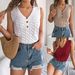 Summer New Solid Color Button V-Neck Hollow Sleeveless Top Vacation Knitted Shirt Women's Clothing_voghion.com