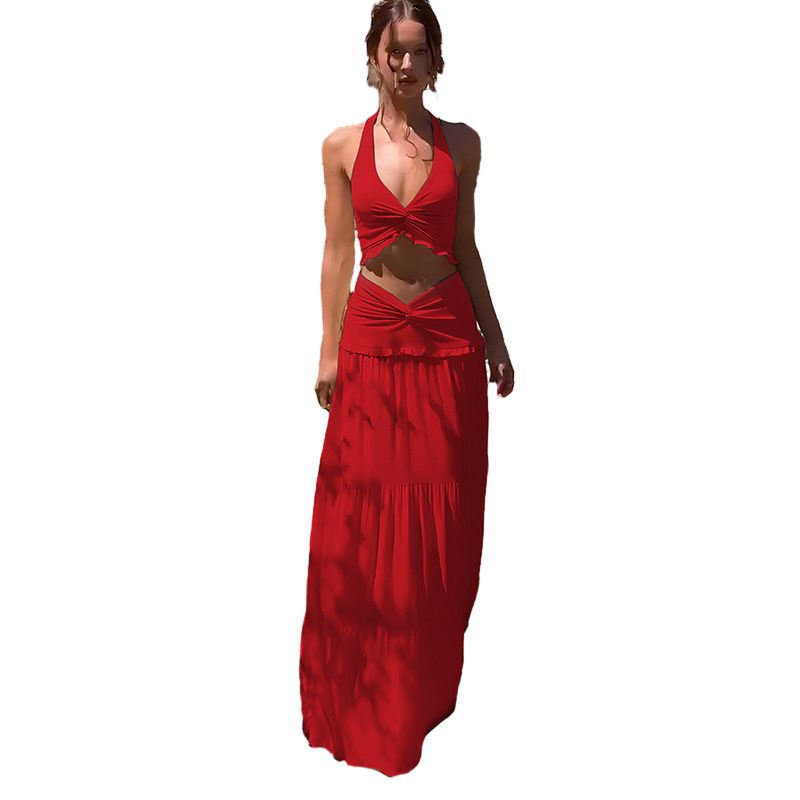 D9754 Robe longue sexy à volants et col en V pour femme, ensemble deux pièces_voghion.com