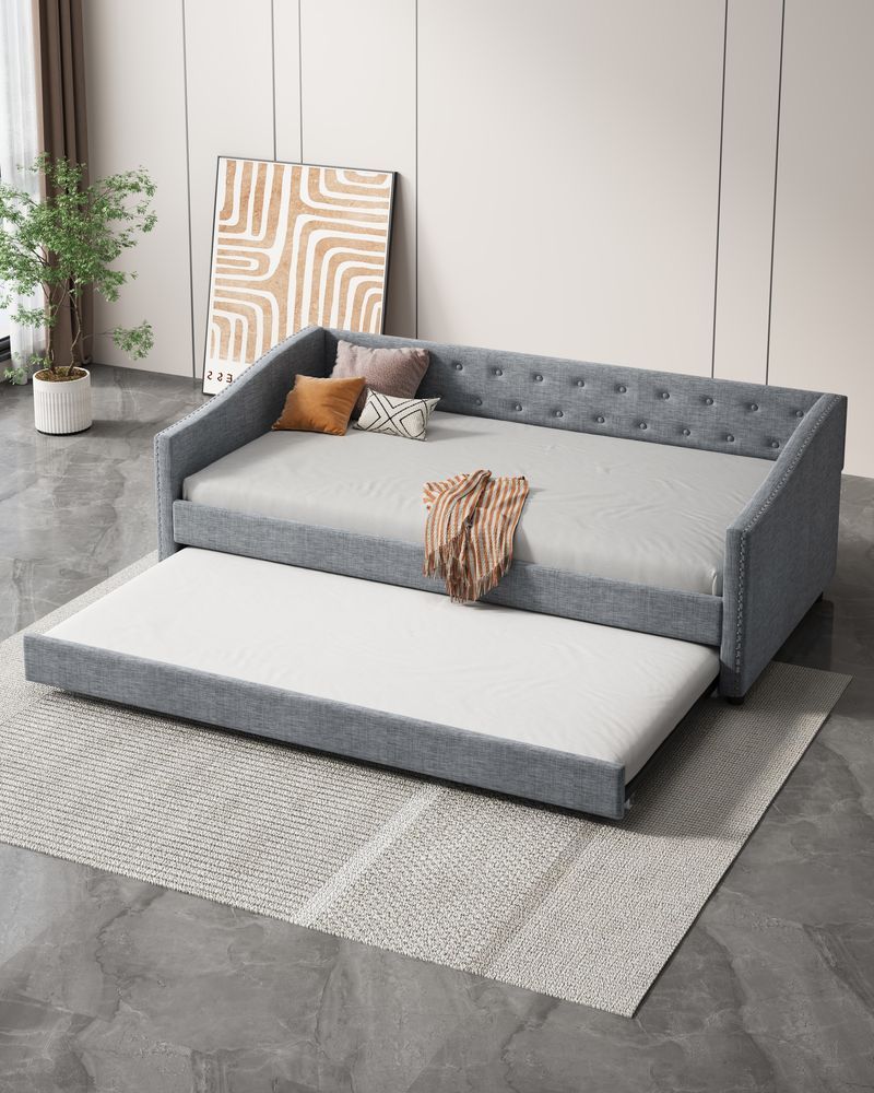 Twin Size Daybed With Twin Size Trundle Upholstered Tufted Sofa Bed, With Button On Back And Copper Nail On Waved Shape Arms-Light Grey_voghion.com