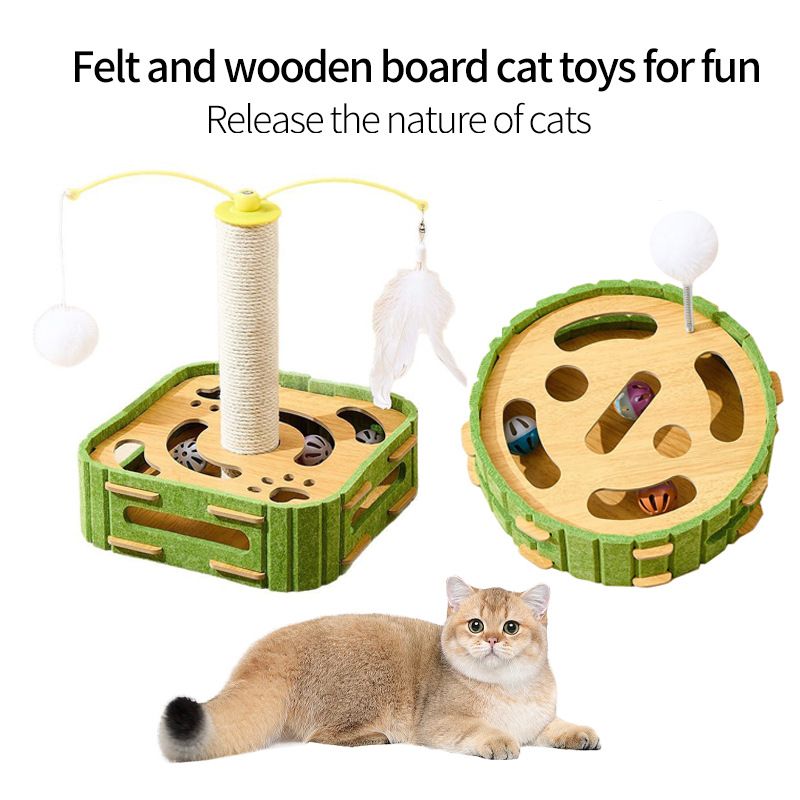 Toy Teaser Wand Self-Entertainment Gadget With Feather Cat Scratching Post Durable Rotating Ball Water Wood_voghion.com