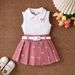 Kids’ Clothing Summer Girls Suit Stand Collar Sleeveless Top Printed Bow Pleated Skirt With Belt_voghion.com