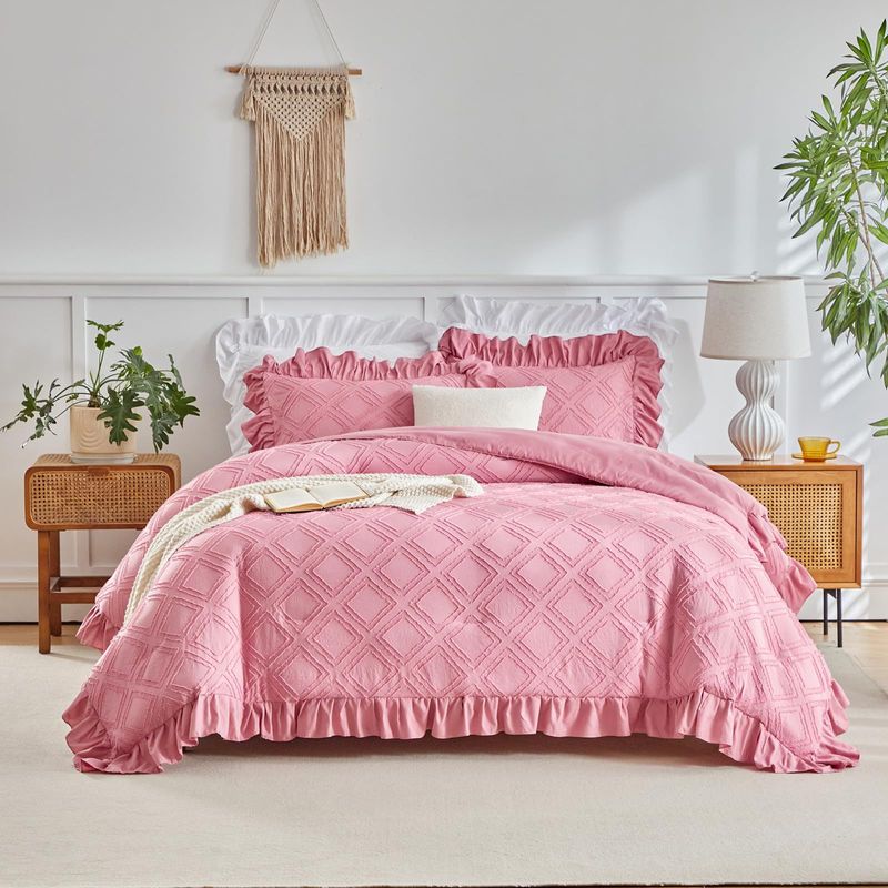 Parure de lit 3 pièces en duvet synthétique toutes saisons, avec couettes respirantes et broderies diamantées roses à volants, taille Queen_voghion.com