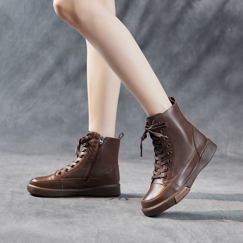 Erste Schicht Rindsleder Retro flache Mode lässig Damen flache Sport Damen Stiefeletten_voghion.com