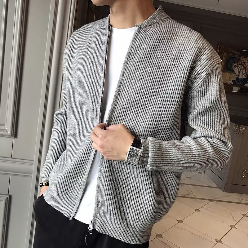 2025 Autumn Winter New Sweater Jacket Solid Color Knitted Cardigan Men's Casual Slim Fit Top_voghion.com